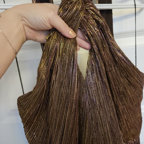 Adrianna Papell Metallic Bronze Halter Pleated Midi Dress - Picture 5 of 8